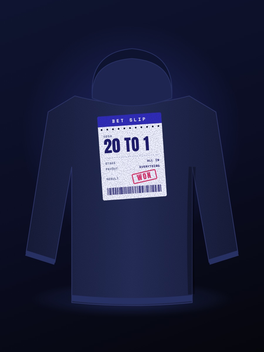 Navy hoodie, back print: a 20 TO 1 bet slip stamped WON — coming soon