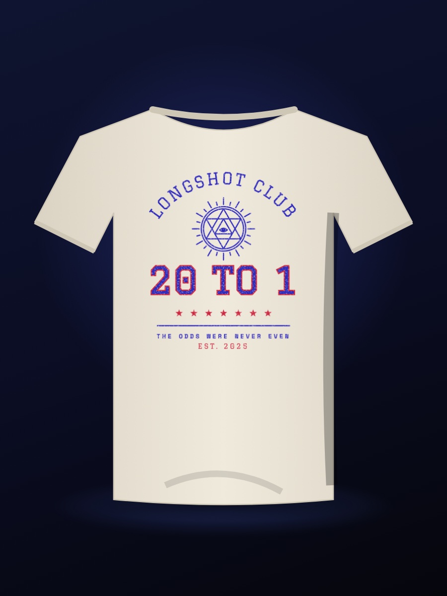 Ivory tee, back print: LONGSHOT CLUB varsity badge with the 20 TO 1 emblem and stars — coming soon